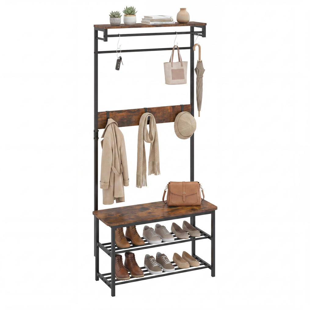 Coat Rack 4-In-1 Hall Tree with Shoe Bench and Removable Hooks-Coffee