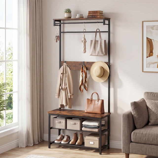 Coat Rack 4-In-1 Hall Tree with Shoe Bench and Removable Hooks
