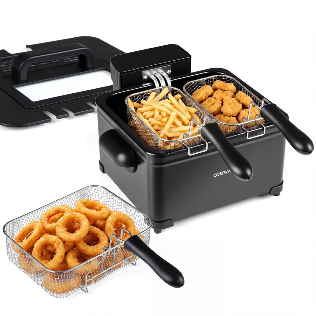5.3-Qt Electric Deep Fryer with 3 Baskets 1700W LED Touch Screen and 6 Presets-Silver