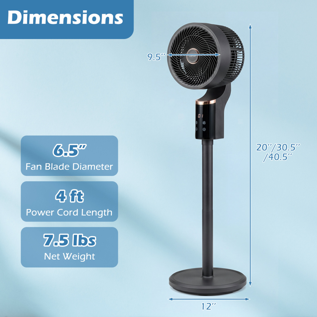 Compact Oscillating Standing Fan with 70° Oscillation and 90° Tilt for Home Office-Black