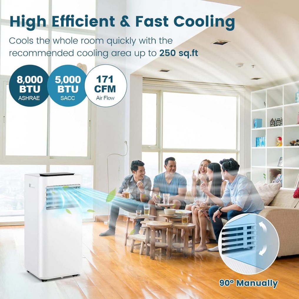 8000 BTU Portable Air Conditioner, 3 in 1 AC Unit, Fan & Dehumidifier w/Sleep Mode, 24H Timer, LED Display