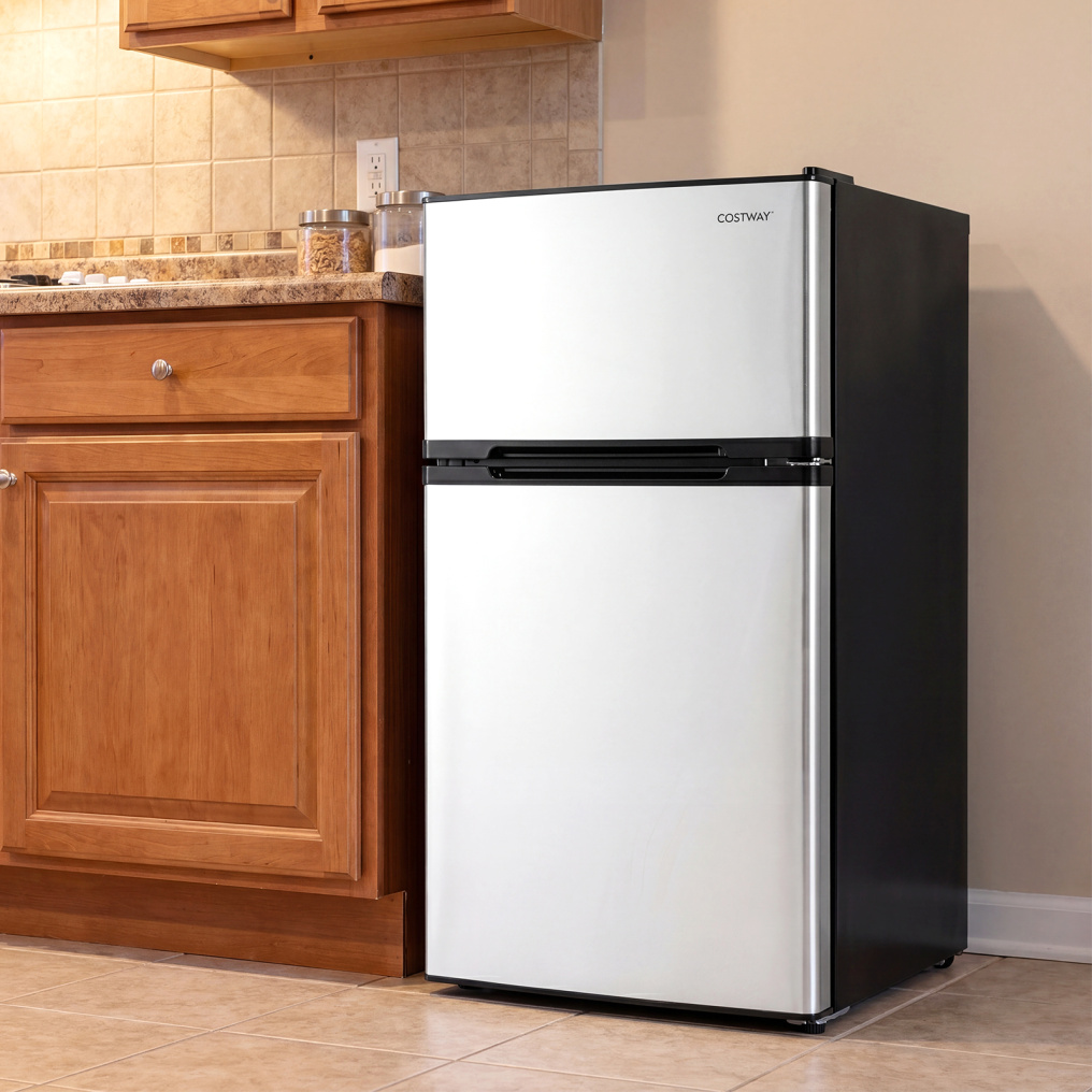 3.2 Cu.Ft Mini Fridge with Freezer Double Door Small Refrigerator with Adjustable Thermostat-Silver