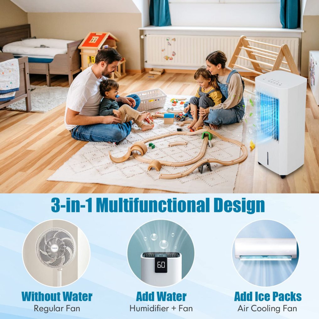 Evaporative Air Cooler, Portable Swamp Cooler with Remote Control, 2 Ice Packs, 15H Timer, 1.3 Gal Water Tank