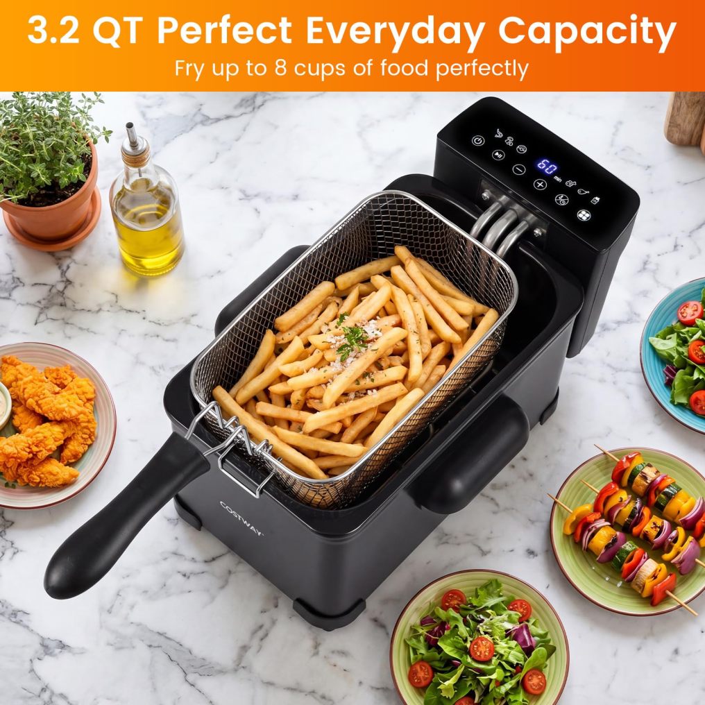 3.2-Qt Electric Deep Fryer with 1700W LED Touch Screen and Enamel Oil Tank-Black