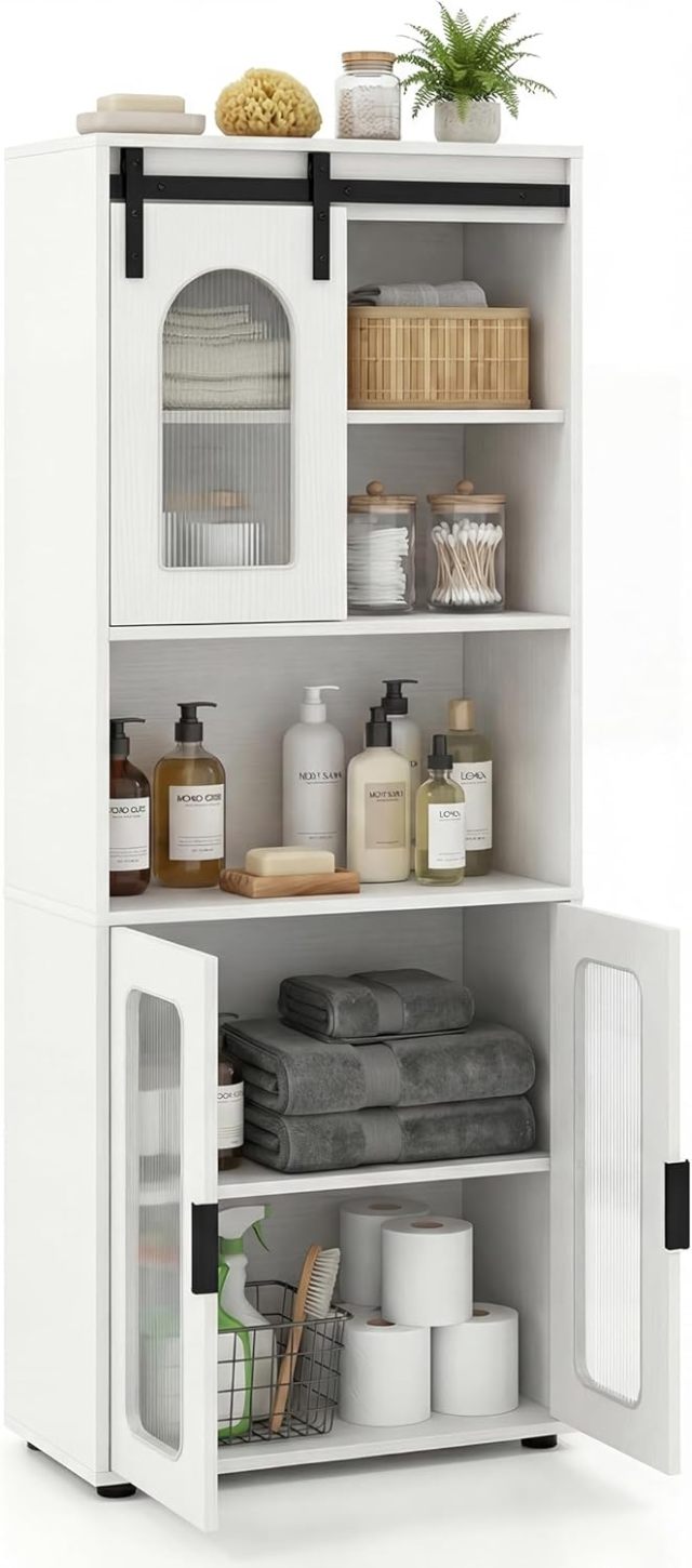 59" Tall Linen Storage Organizer with Sliding Barn Door & Shelves
