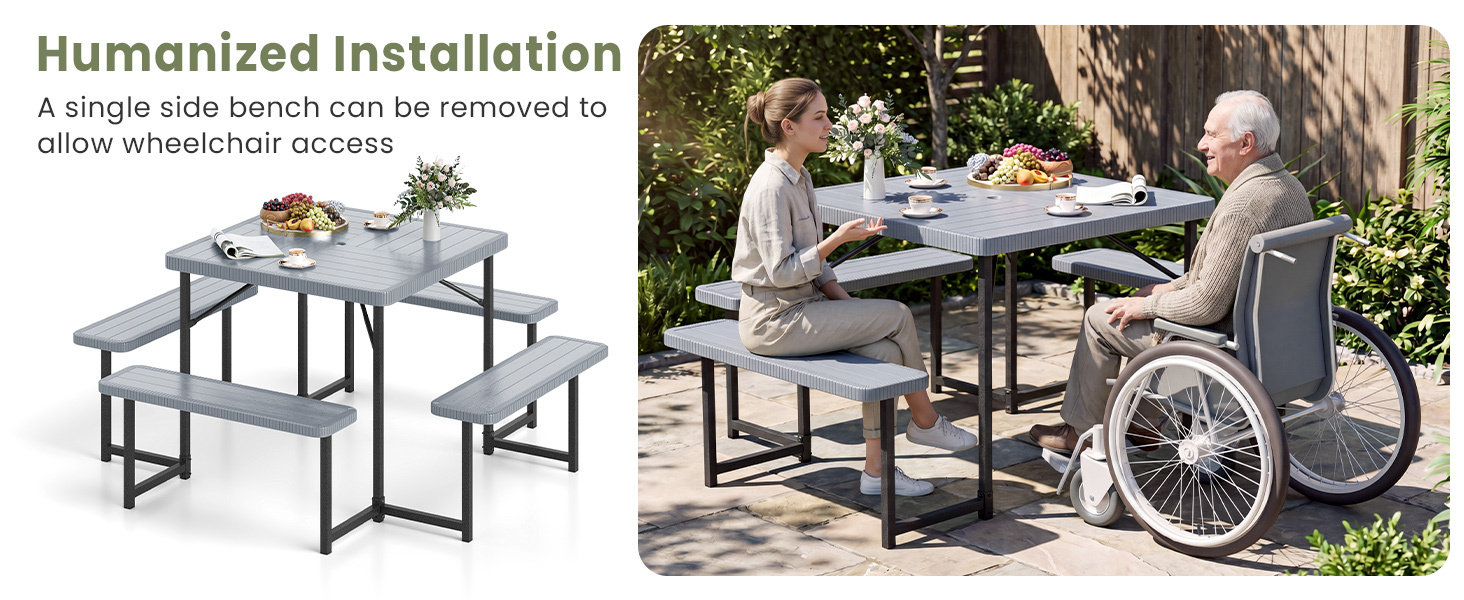 Outdoor Square Picnic Table Bench Set for 4-8 People with Umbrella