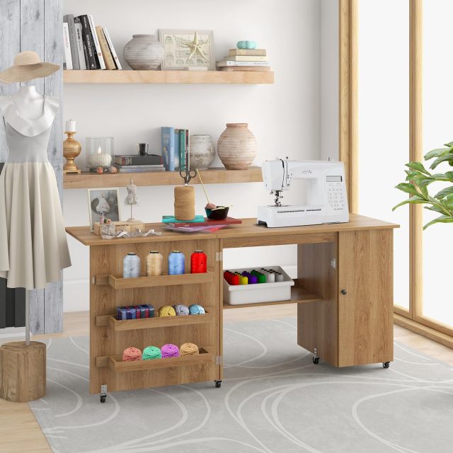Folding Large Sewing Table Storage Shelves and Lockable Casters