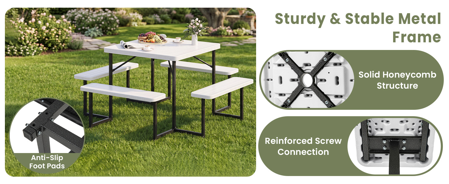 Outdoor Square Picnic Table Bench Set for 4-8 People with Umbrella