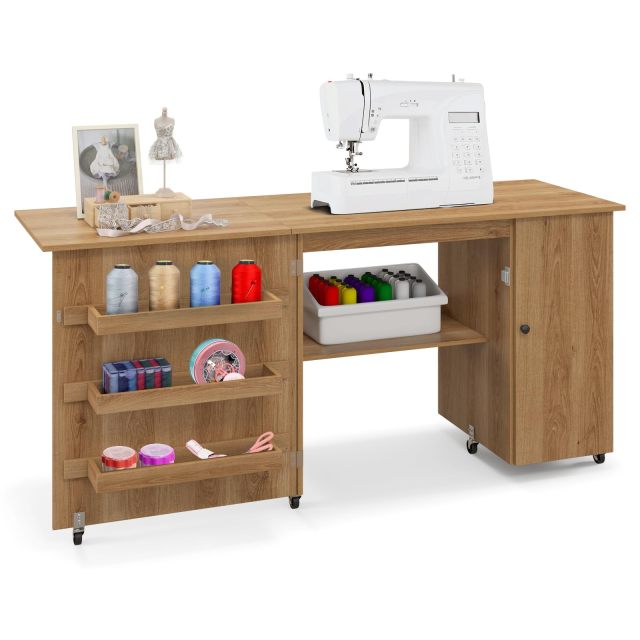 Folding Large Sewing Table Storage Shelves and Lockable Casters