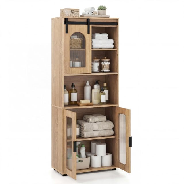 Farmhouse Bathroom Floor Cabinet with Sliding Barn Door