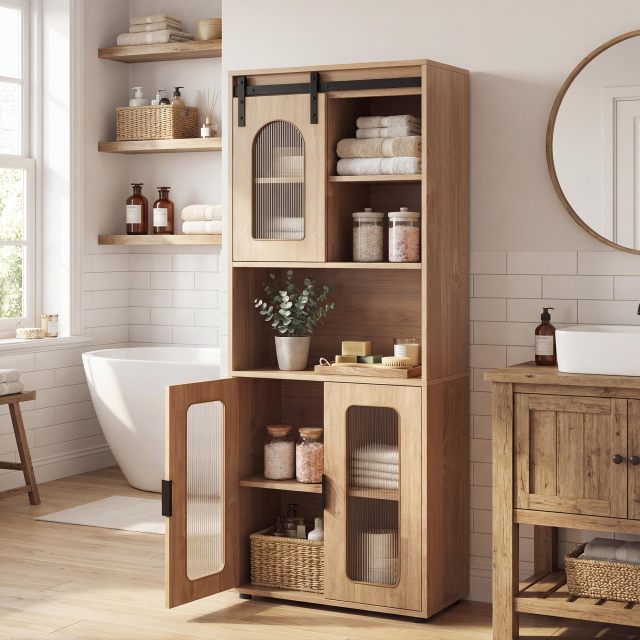 Farmhouse Bathroom Floor Cabinet with Sliding Barn Door