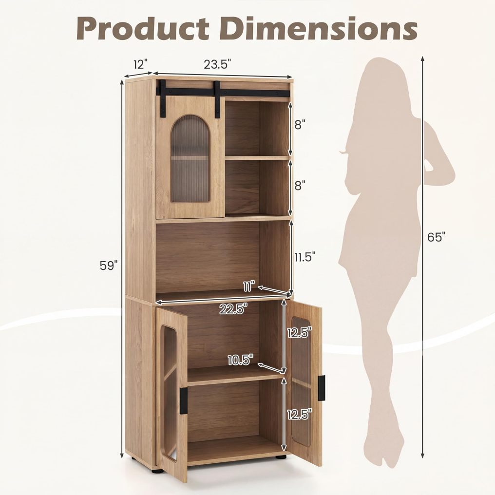 59" Tall Linen Storage Organizer with Sliding Barn Door & Shelves-Natural