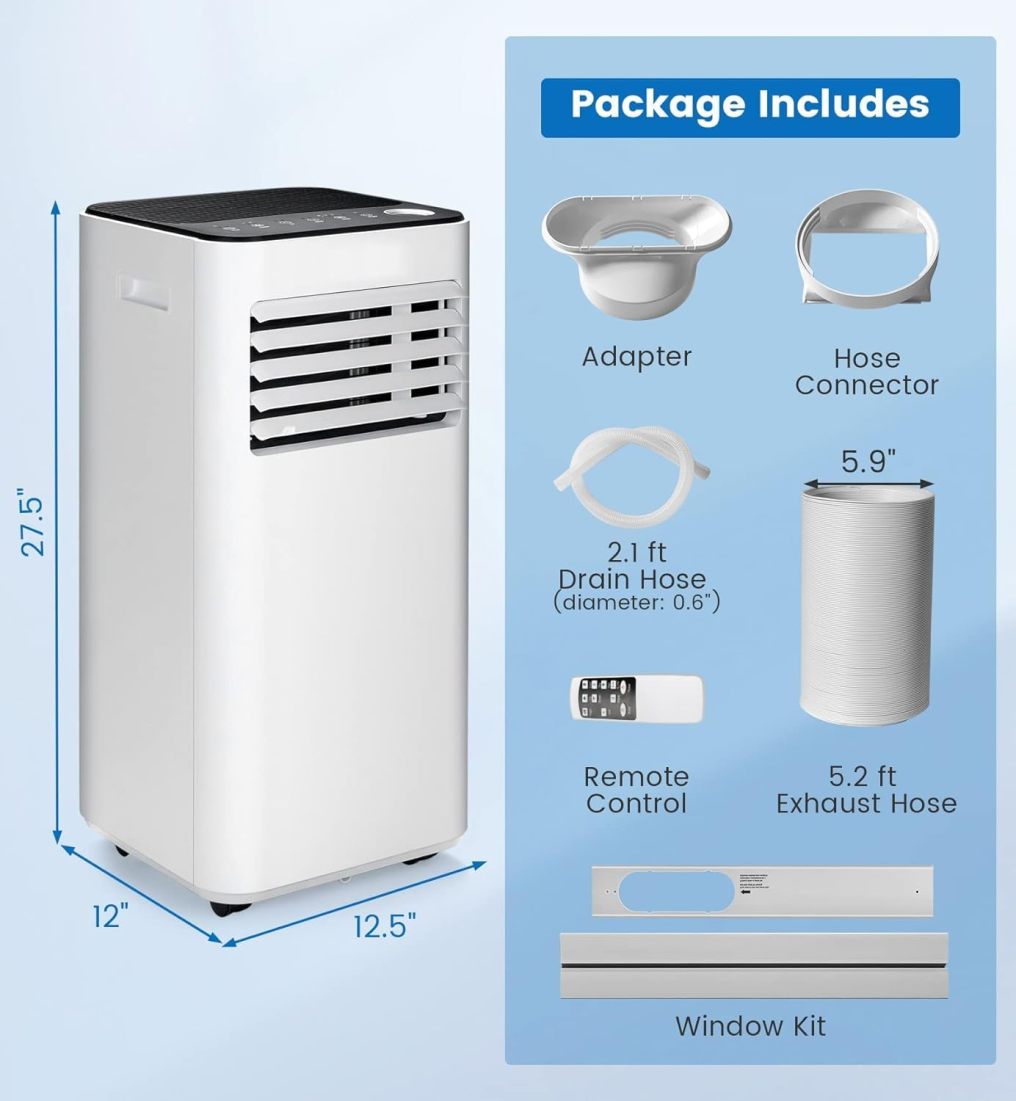 8000 BTU Portable Air Conditioner, with Fan & Dehumidifier Mode, Quiet AC Unit with Sleep Mode, 2 Speeds, 24H Timer