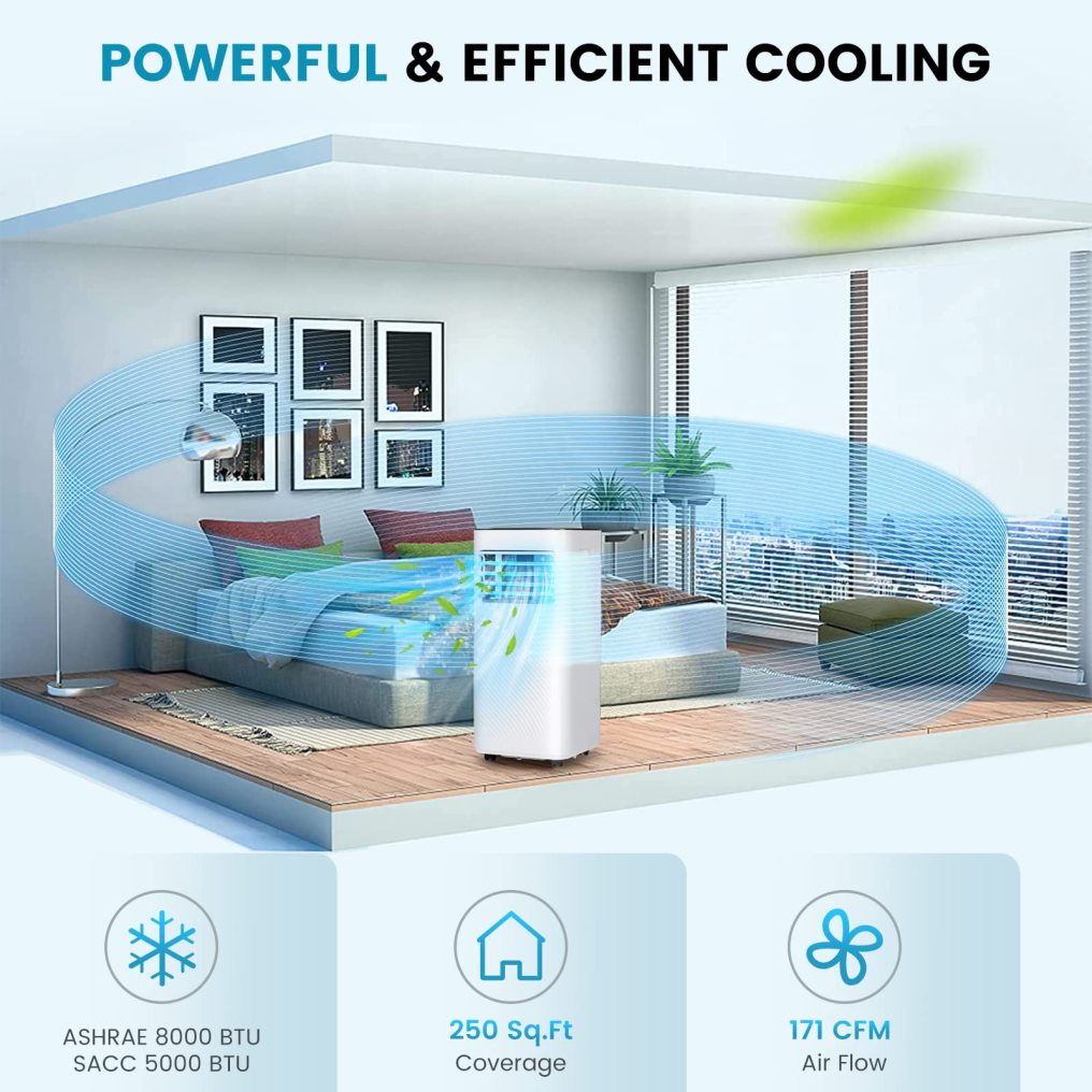 8000 BTU Portable Air Conditioner, 4-in-1 AC Unit with Cool, Fan, Dehumidifier & Sleep Mode for Rooms up to 250 Sq.Ft