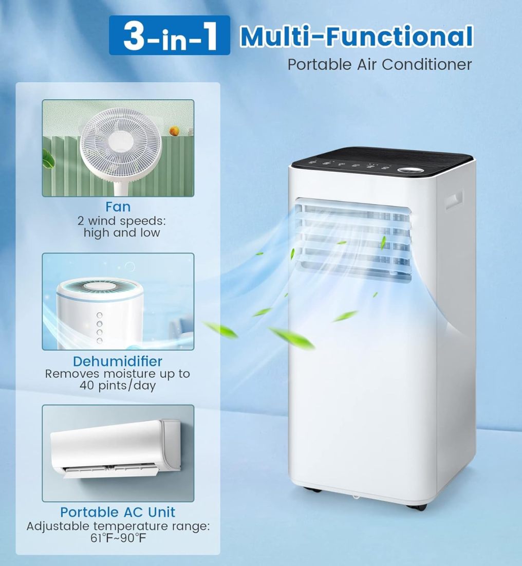 8000 BTU Portable Air Conditioner, with Fan & Dehumidifier Mode, Quiet AC Unit with Sleep Mode, 2 Speeds, 24H Timer
