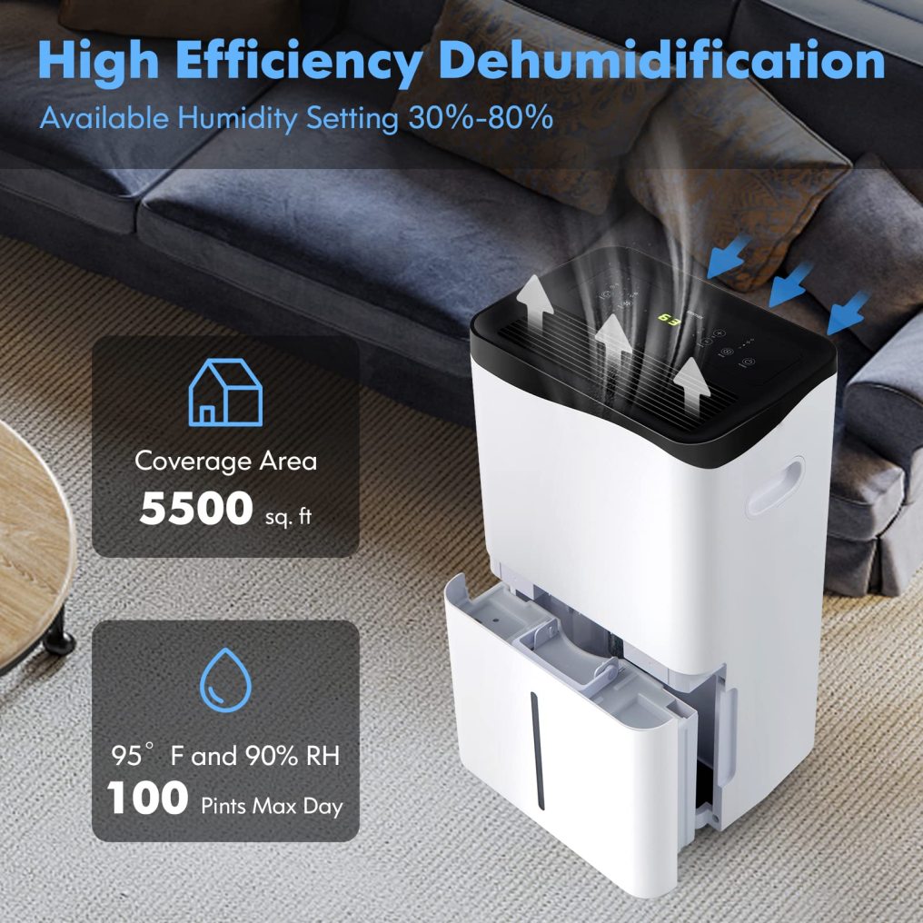 Dehumidifier for Home and Basements, 100 Pint Dehumidifier Rooms up to 5500 Sq. Ft with Smart App & Alexa Voice Control