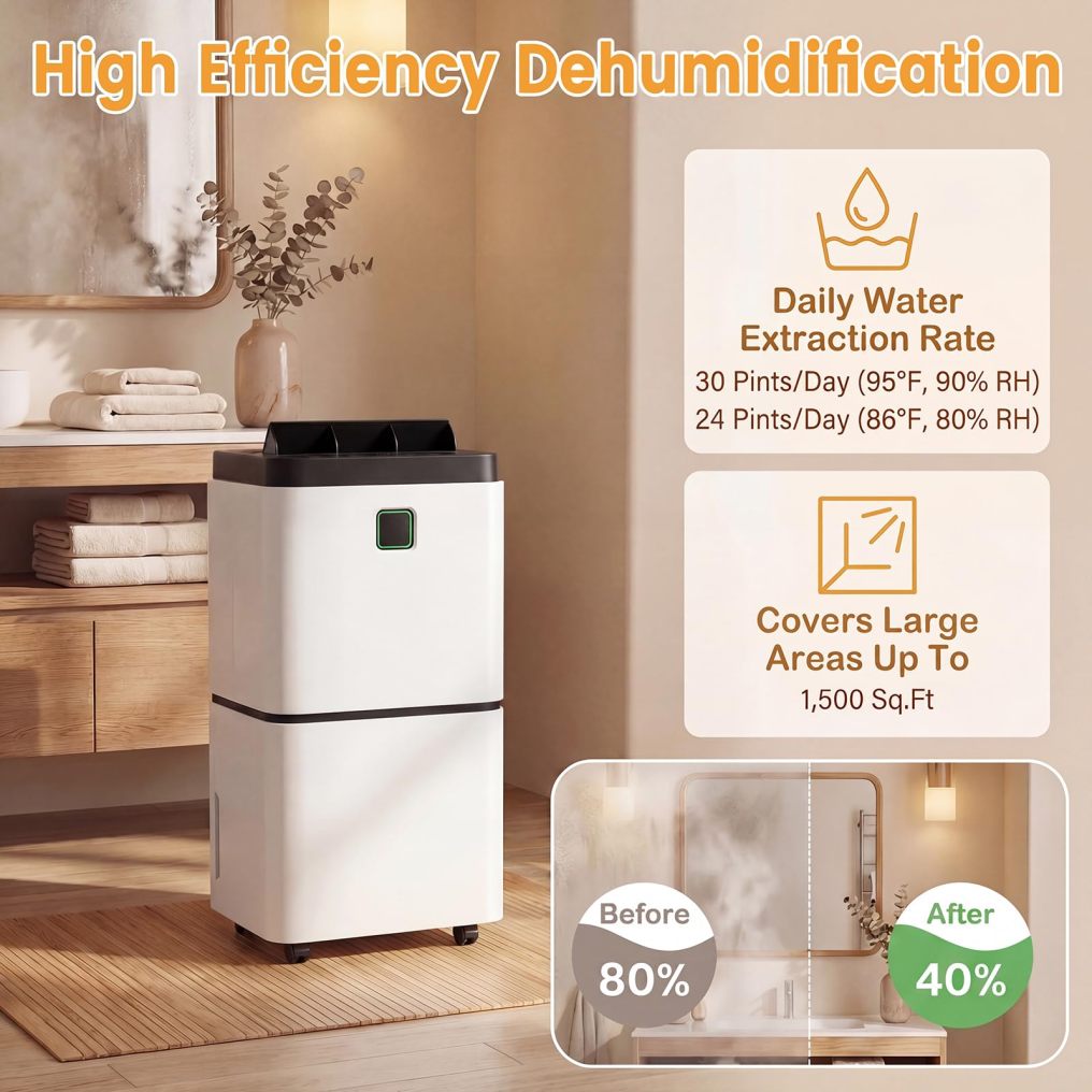1500 Sq. Ft Dehumidifier for Home & Medium Spaces, Portable 24 Pints Dehumidifier w/ 3 Color LED Light