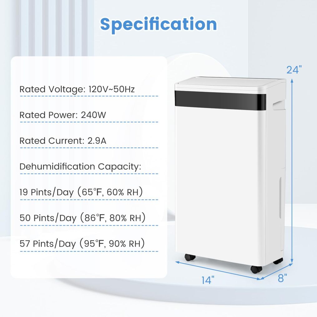 57 Pint Dehumidifiers for Basements 3-Color Humidity Indicator