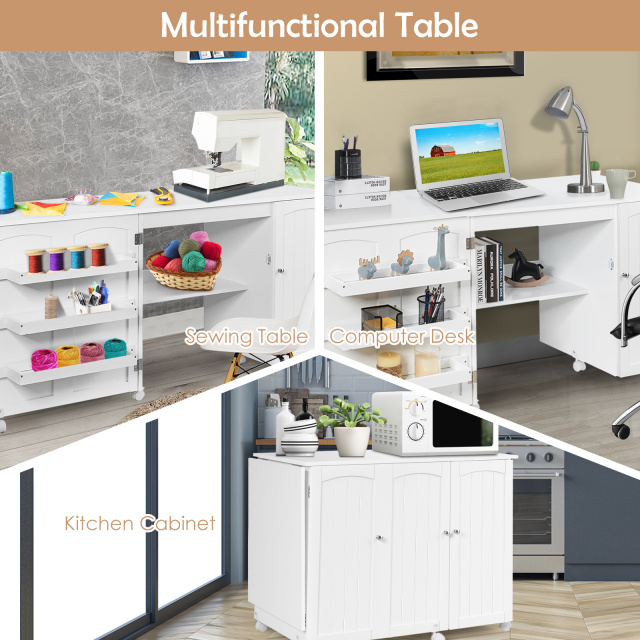 Folding Large Sewing Table Storage Shelves and Lockable Casters